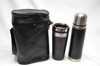 Set Of Stainless Steel Sweda Coffee Mug, Thermal Flask,& Leather Case Set Of Stainless Steel Sweda Coffee Mug, Thermal Flask,& Leather Case