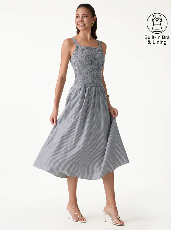 OGL Striped Poplin Square Neck Smocked Midi Bra Dress, Grey/White Stripe