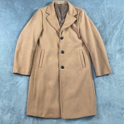 Mens Wool Blend Trench Coat Small Overcoat Camel Tan 3-Button Long Jingpin Fushi