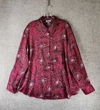 Style & Co Silk Peacock Feather Print Blouse Womens 22W Pink Long Sleeve Button