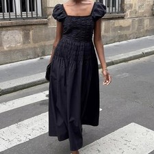 Doen Katherina Cotton Poplin Smocked Ruched Short Puff Sleeve Maxi Dress Black