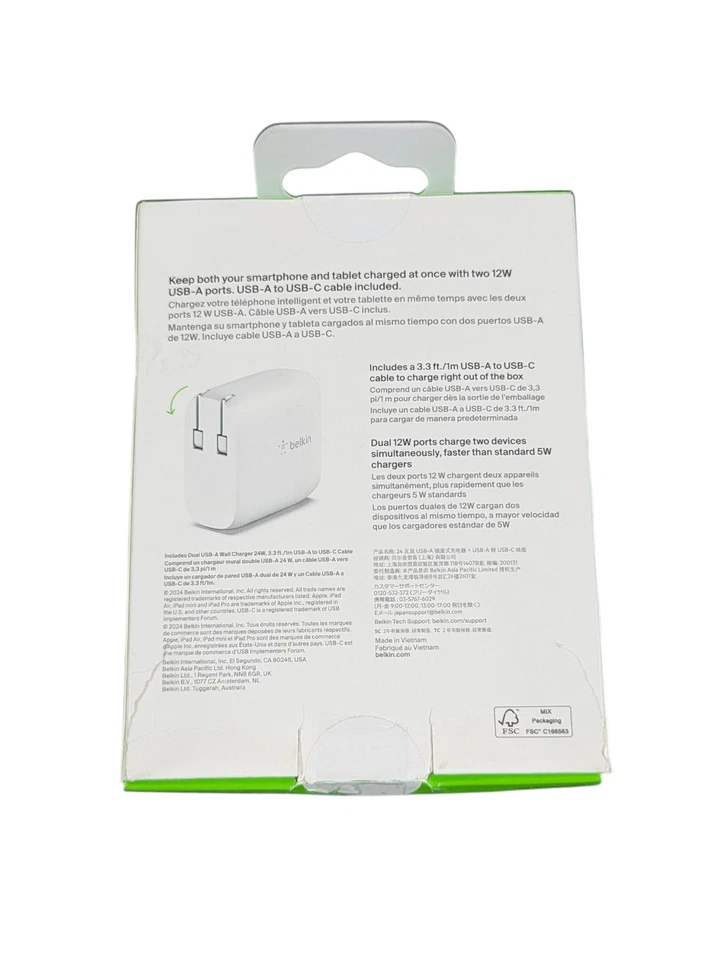 Cargador de Pared USB Doble Puerto Aa3O Belkin 24W con Cable USB-A a USB-C Blanco "OB" Foto 2 de 2