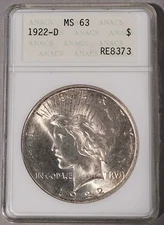 1922 D Peace Silver Dollar ANACS MS 63-Old Soapbox Holder