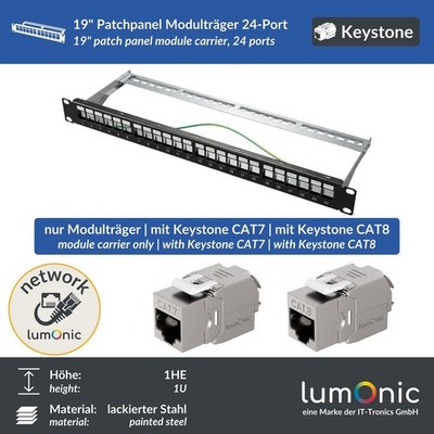 19'' Patchpanel Keystone-Modulträger, 24 Port, ohne/mit Keystones, 1HE mit Beschr