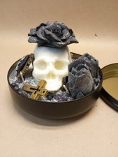 Handmade Skull Candle with Black Roses