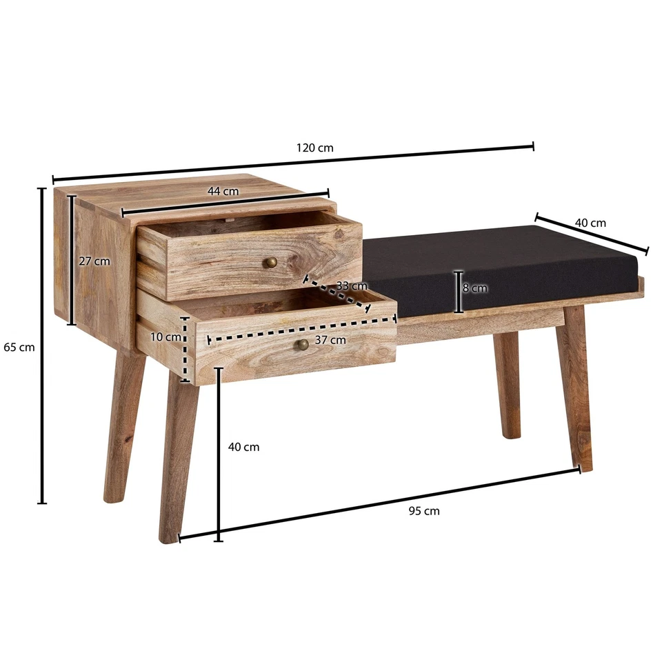 FineBuy Banc en Tissu 120 cm Bois Massif Rembourré Banc Banquette Couloir Espace - Photo 3/4
