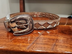 Bill Adler Design Leather Embossed Bedazzled Weathered Look Belt and Bold Buckle Bill Adler Bill Belts for Women | Mercari main image 4