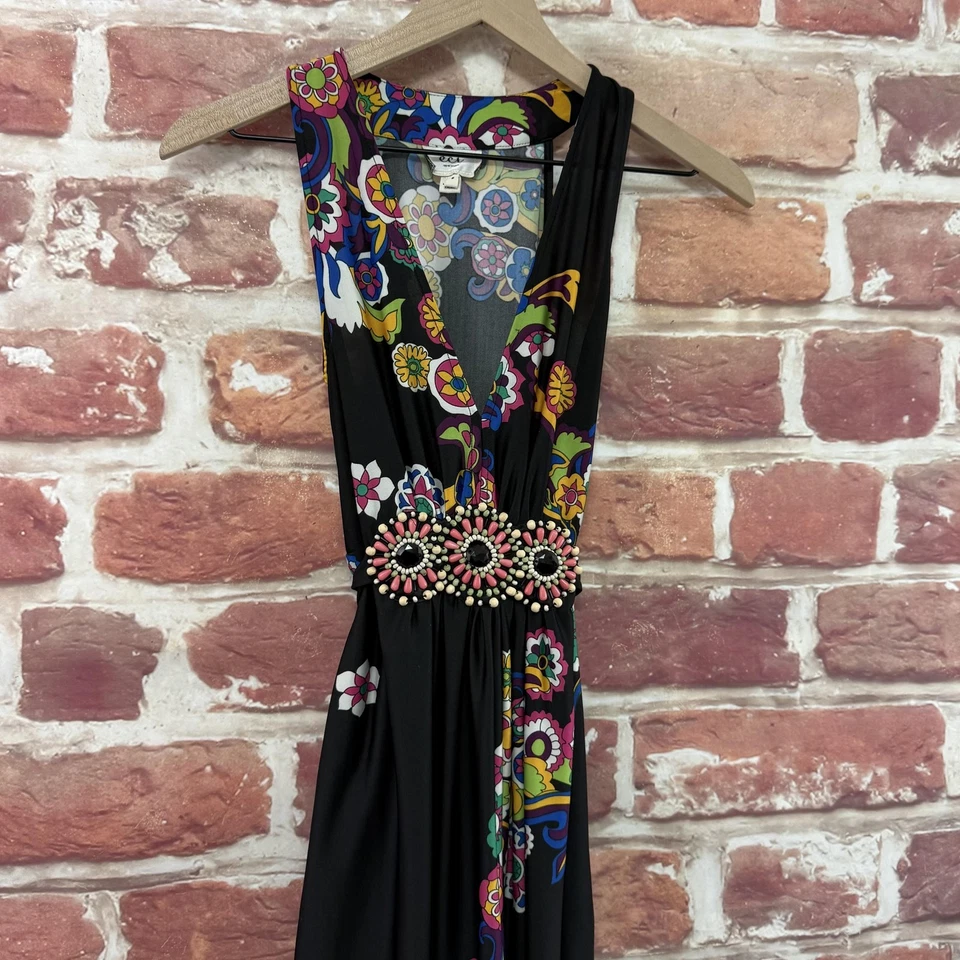 ECI New York Dress Womens 8 Black Multicolor Boho Floral Beaded Waist Casual - Image 3 of 4