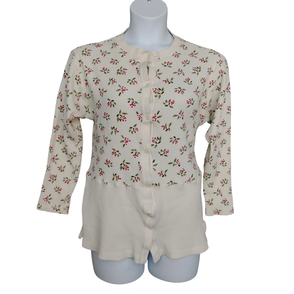 Vintage Victoria's Secret Country Thermal PJ Top Size Small Off White & Berries - Image 3 of 4