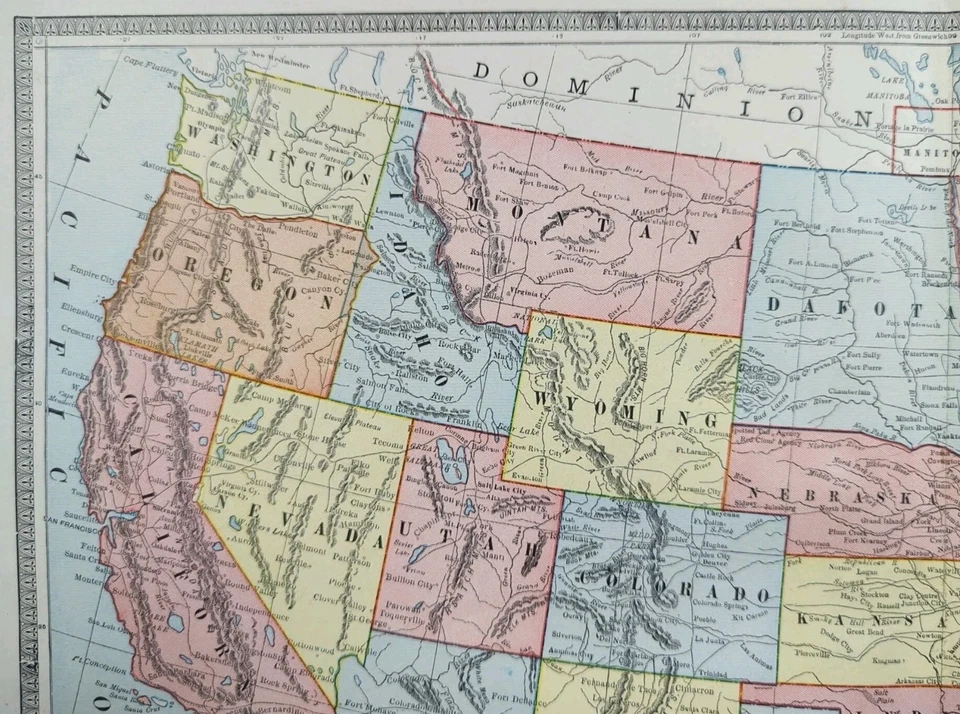 Mapa vintage 1883 ESTADOS UNIDOS DE AMÉRICA 21"x13" antiguo original EE. UU. DC Foto 3 de 4