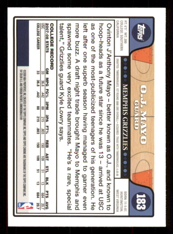 2008-09 Topps Chrome #183 O.J. Mayo RC - Image 2 of 2