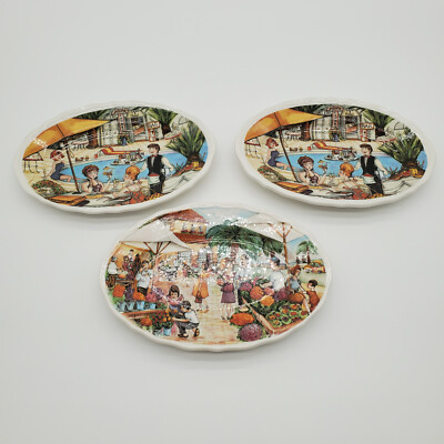 Vintage Brunelli Pool Side Casino Cons and Market Scene Oval Plates