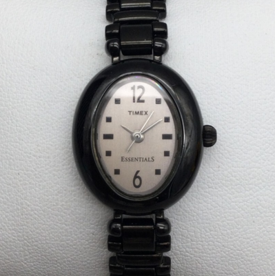 Vintage Timex Essentials Watch Women 20mm Black Oval Dial 