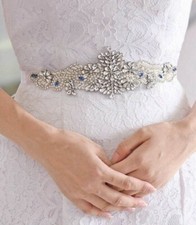 Blue and white crystals with pearls bridal belt on white sash
