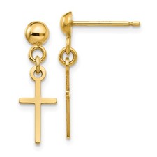 Real 14kt Yellow Gold Polished Cross Dangle Post Earrings