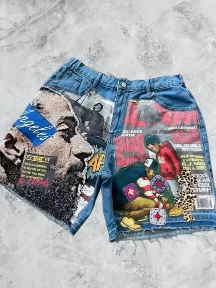 Pantalones Cortos Vaqueros Retro Tema Ciudad Gráficos Personalizados Artista Musical Collage Denim Foto 4 de 4