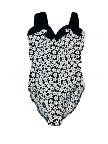 VTG 90s Rockabilly Womens 8 Black White Floral Sweetheart Bow Swim Suit Pin Up - Picture 1 of 7