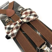 Ivory Dark Brown Suspender  BowTie Set Wedding Formal Tuxedo Men Women (USA)