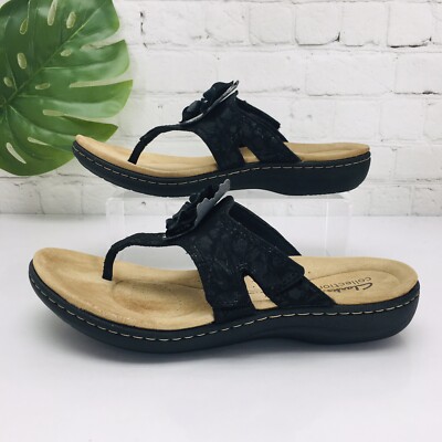 Clarks Thong Sandals Women's Size 9 M Black Slides Flip Flop Flower Comfort