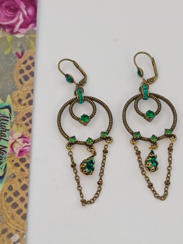 Michal Negrin Earrings Hoop Green Crystals Chain Long Dainty Statement Deco Gift - Picture 2 of 16