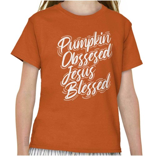 Christian Pumpkin Obsessed Jesus Blessed Girls Youth Crewneck T Shirts Tees - Picture 8 of 9