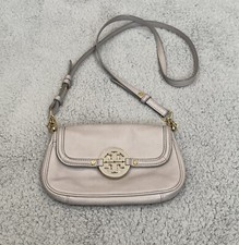 Tory Burch Crossbody Small Amanda Gray Pebbled Leather Gold Logo Shoulder Purse