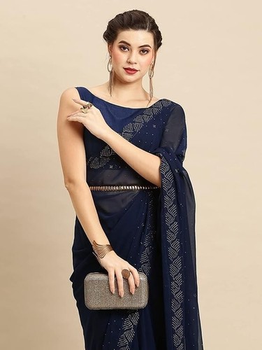 Wedding Party Fest Wear Women's Georgette Lace Work Embellished Designer Saree - Picture 32 of 33