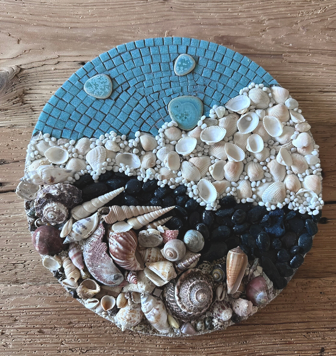 Mixed Media Mosaic Wall Art, coastal, rocks, ocean, shells, glass, 13” round