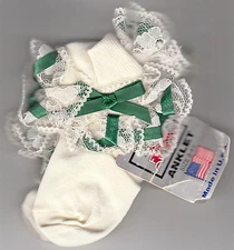 Girls Lace Socks with Green Ribbon Trim, Size 3-4 1/2, By Two Feet Ahead, New