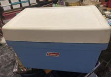 Vintage Coleman Blue Cooler White Removable Lid Ice Chest 1976 w/ Metal Handles
