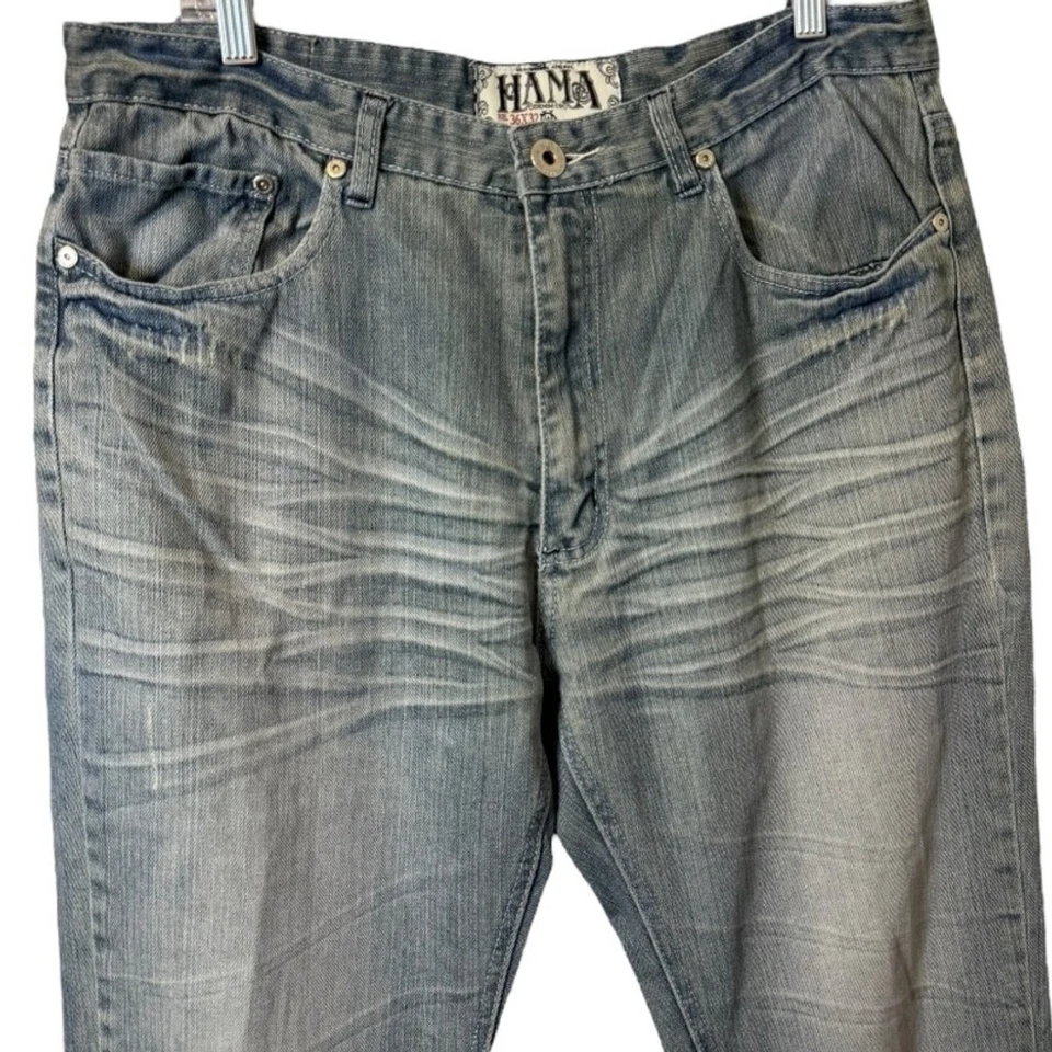 Pantalones de mezclilla vintage Y2K Hama para hombre 36x32 bordados con solapa bolsillo desgastados ropa de calle Foto 3 de 4