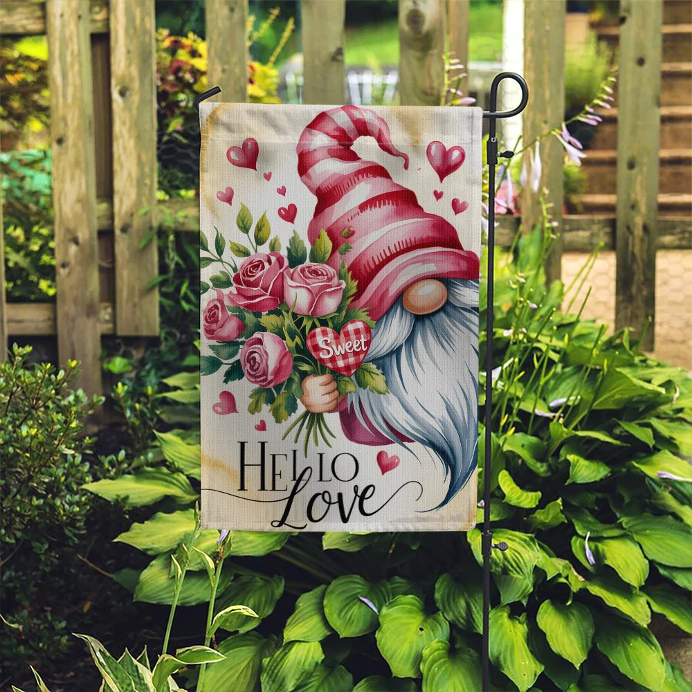 Hello Love Valentine's Day Garden Flag Gnome Pink Rose Bouquet Yard Decor Banner