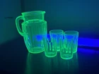 Vintage Uranium Glass Anchor Hocking Pillar Optic Water Pitcher And 4 Tumblers.