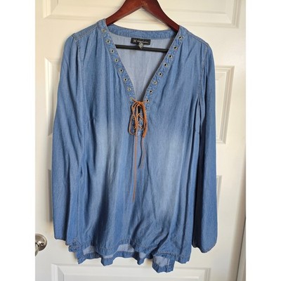 INC International Concepts Blue Chambray Lace Up Tunic Blouse Grommet Top Size 8