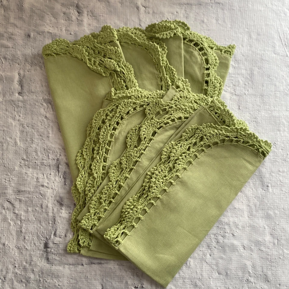 Conjunto de 6 guardanapos verdes Anthropologie algodão chique gasto acabamento de crochê chique casa de campo novo - Imagem 2 de 4