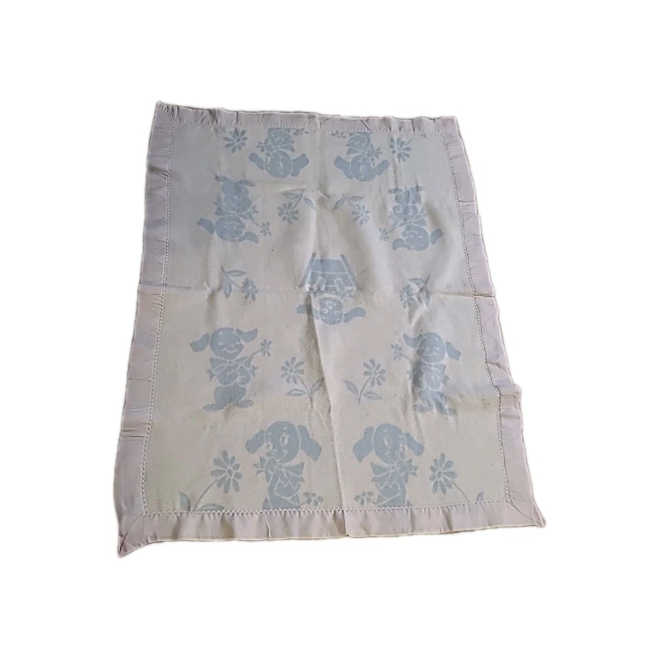 Vintage Blanket Thermal Flannel Blue W/ Puppies Dogs No Tag Nylon Edge Trim - Image 4 of 4