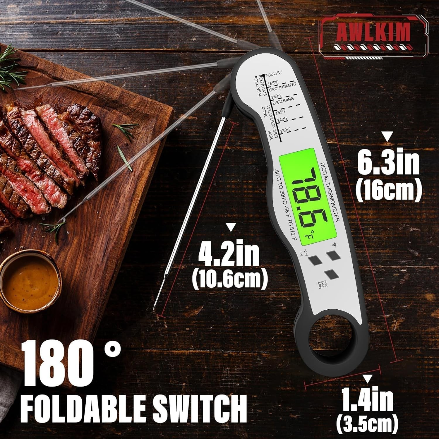 AWLKIM Instant Read Digital Meat Thermometer - Waterproof, Backlight IP67- Black