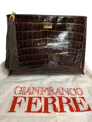 Vintage 80s Gianfranco Ferre Leather Croc Clutch Handbag Italy w Tag & Dust Bag