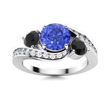 925 Sterling Silver 5MM Round Tanzanite  Black Spinel Three Stone Women Ring