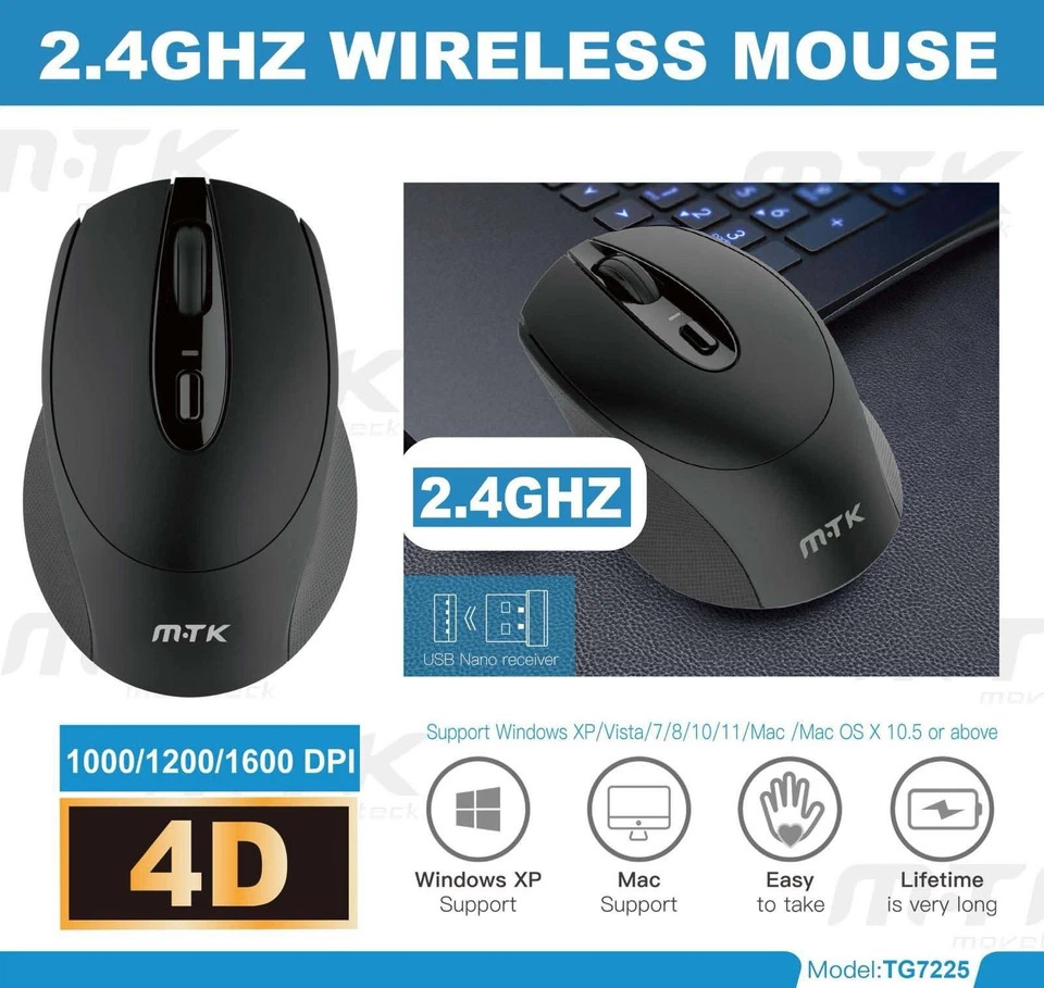 2.4 GHz Wireless Cordless Mouse Optical 1200 DPI PC Laptop Computer + USB 3D 4D - Image 3 of 4