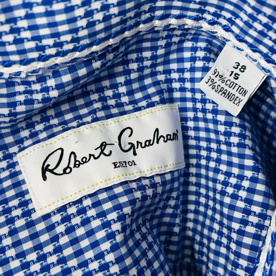 Robert Graham 15 33/34 Dress Shirt Blue White Knit Plaid Paisley Trim Cotton - Image 3 of 4