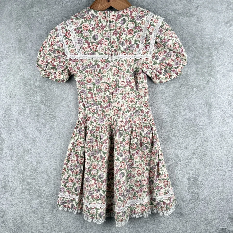 Jessica McClintock Dress Women 8 Roses Lace Trim USA Made Cottage Prairie VTG - Image 2 of 4