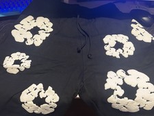 Denim Tears Men's Black Fleece Cotton Sweat Shorts White Floral, Drawstring, S