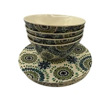 Threshold Melamine Bowls and Plates Set Green Blue Floral 8 Piece Dinnerware