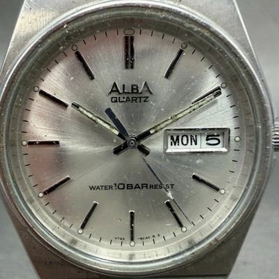 Seiko ALBA Watch Men 35mm Silver Dial Silver Tone Daydate V743