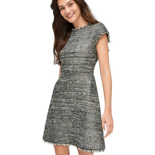 Abito midi svasato nero oro metallizzato Kate Spade cappuccio manica girocollo cocktail 4