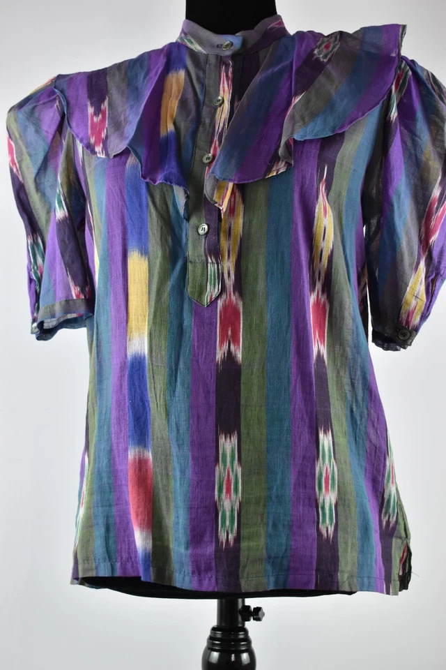 Blusa Top Puff De Colección Geoffrey Beene Talla 8 Multicolor Cuello Alto Algodón Manga Corta Foto 2 de 4