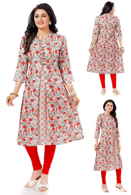 Beige besticktes Kurti Damenkleid Länge 44 Zoll - indische Tunika Kurta DKL558