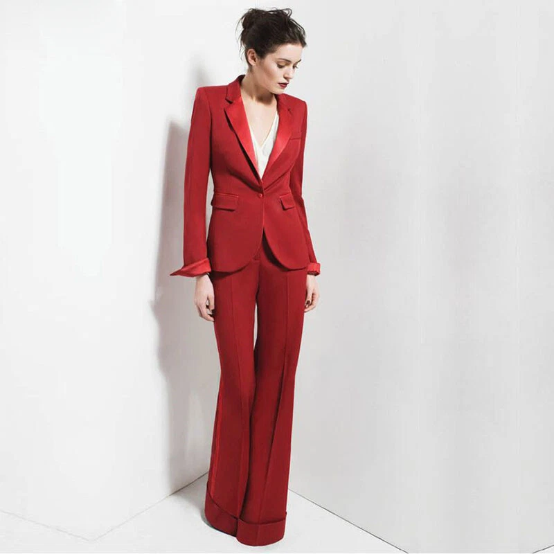 Womens Pant Suit Red Elegant Office Lady Blazers Jacket Two Pieces Set Work  Wear