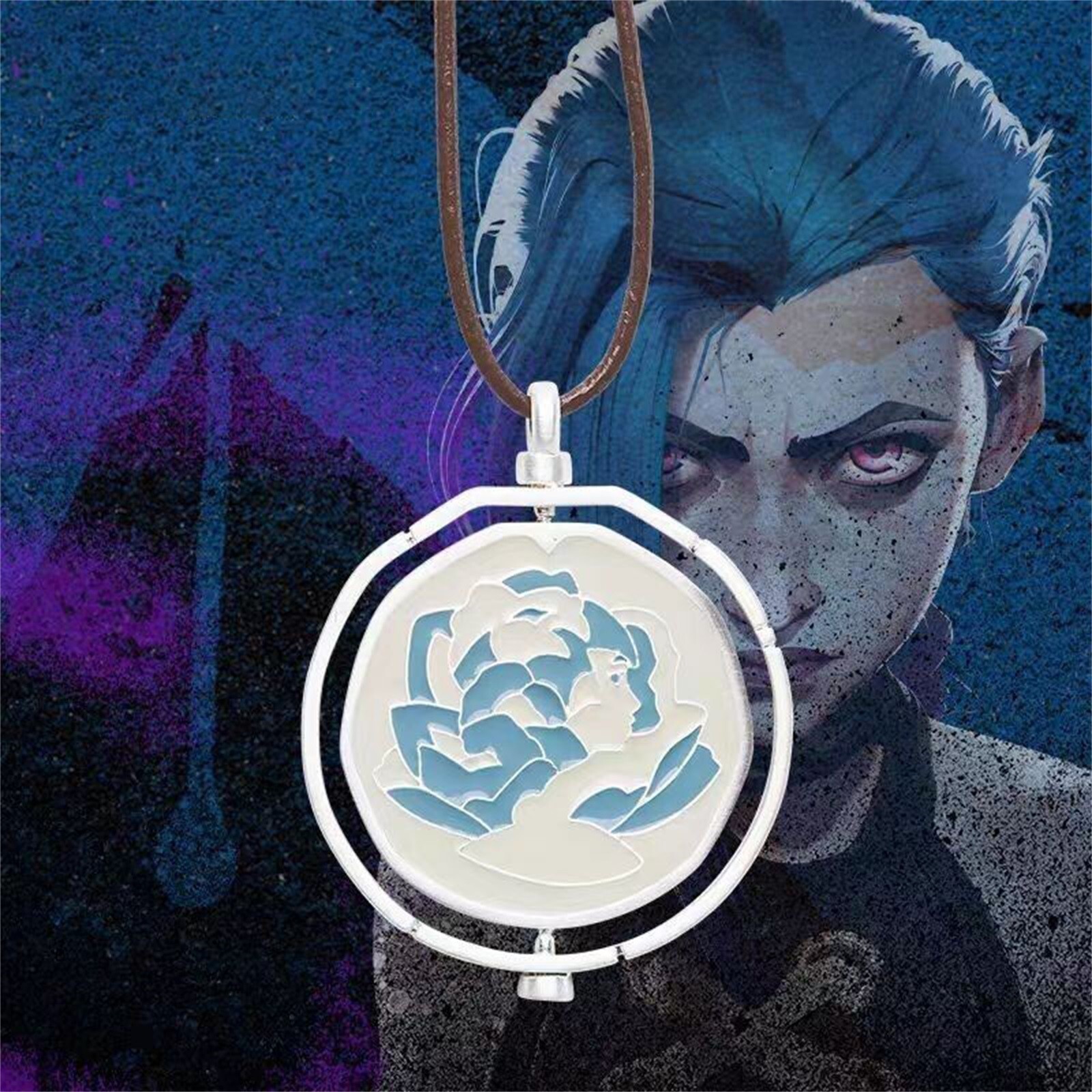 League of Legends Arcane Jinx Ekko Rotatable Blue Rose Pendant Necklace Lovers